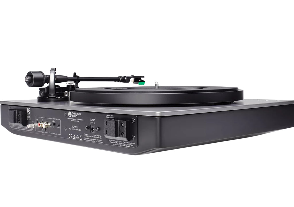 Cambridge Audio Alva ST turntable with sleek design and tonearm, ready for high-quality vinyl playback.