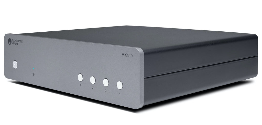 Pair of Cambridge Audio MXN10 music streamers with sleek black design and front display, set against a neutral background.