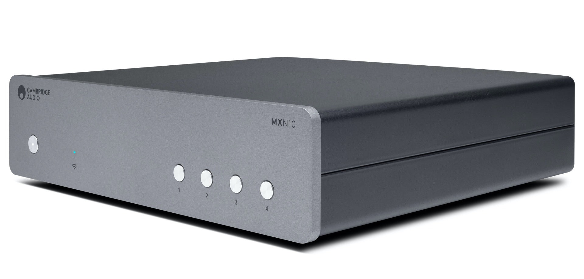 Pair of Cambridge Audio MXN10 music streamers with sleek black design and front display, set against a neutral background.