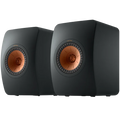 KEF LS50 Meta passive bookshelf speakers with sleek black cabinets and silver drivers, designed for high-quality audio.