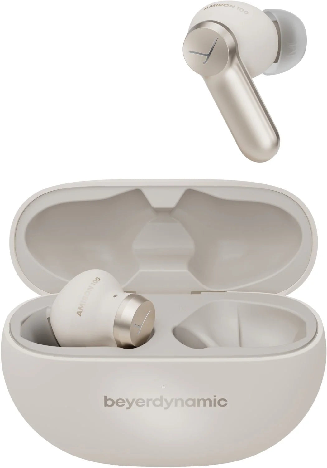 Beyerdynamic Amiron 100 wireless in-ear headphones with sleek black design and inline remote on a white background.
