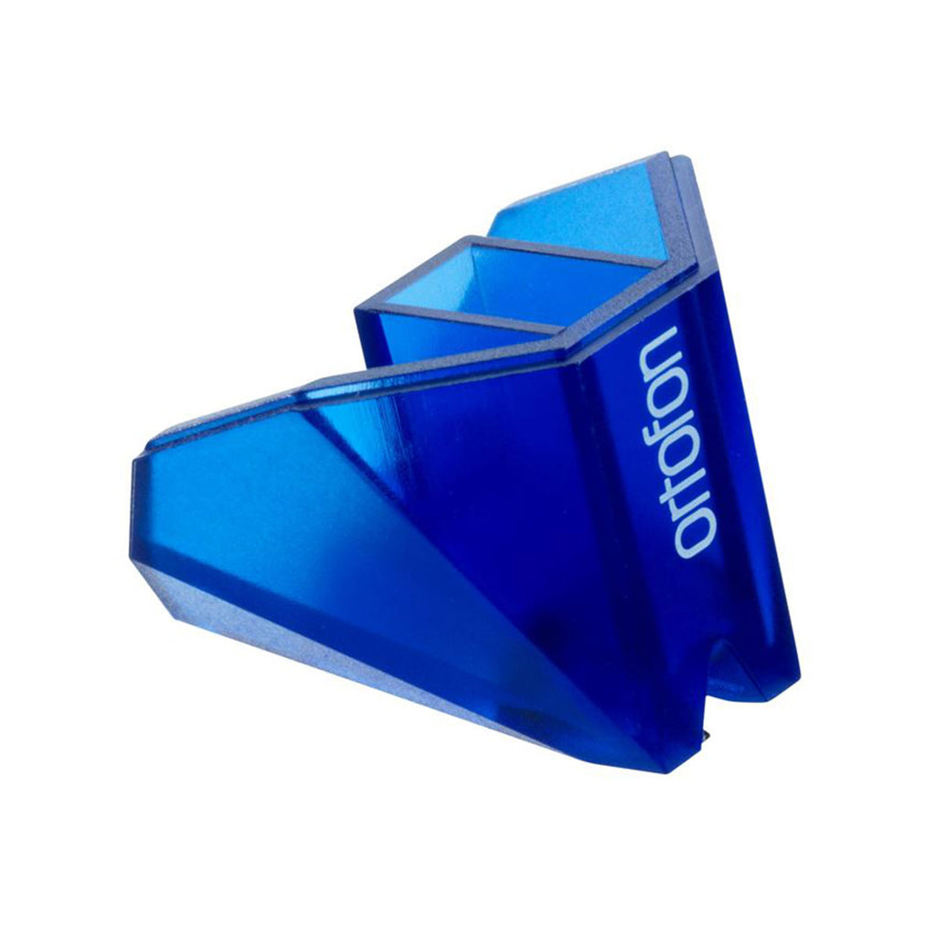 Ortofon 2M Blue turntable stylus with blue tip, compatible with vinyl record players, detailed close-up of stylus tip and cartridge