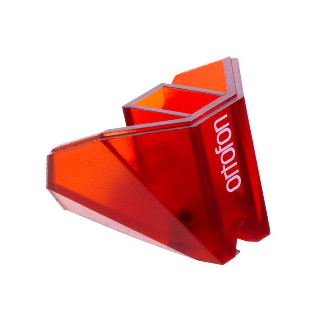 Ortofon 2M Red stylus for turntable cartridges, showcasing the red needle tip and cartridge connection.