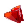 Ortofon 2M Red stylus for turntable cartridges, showcasing the red needle tip and cartridge connection.