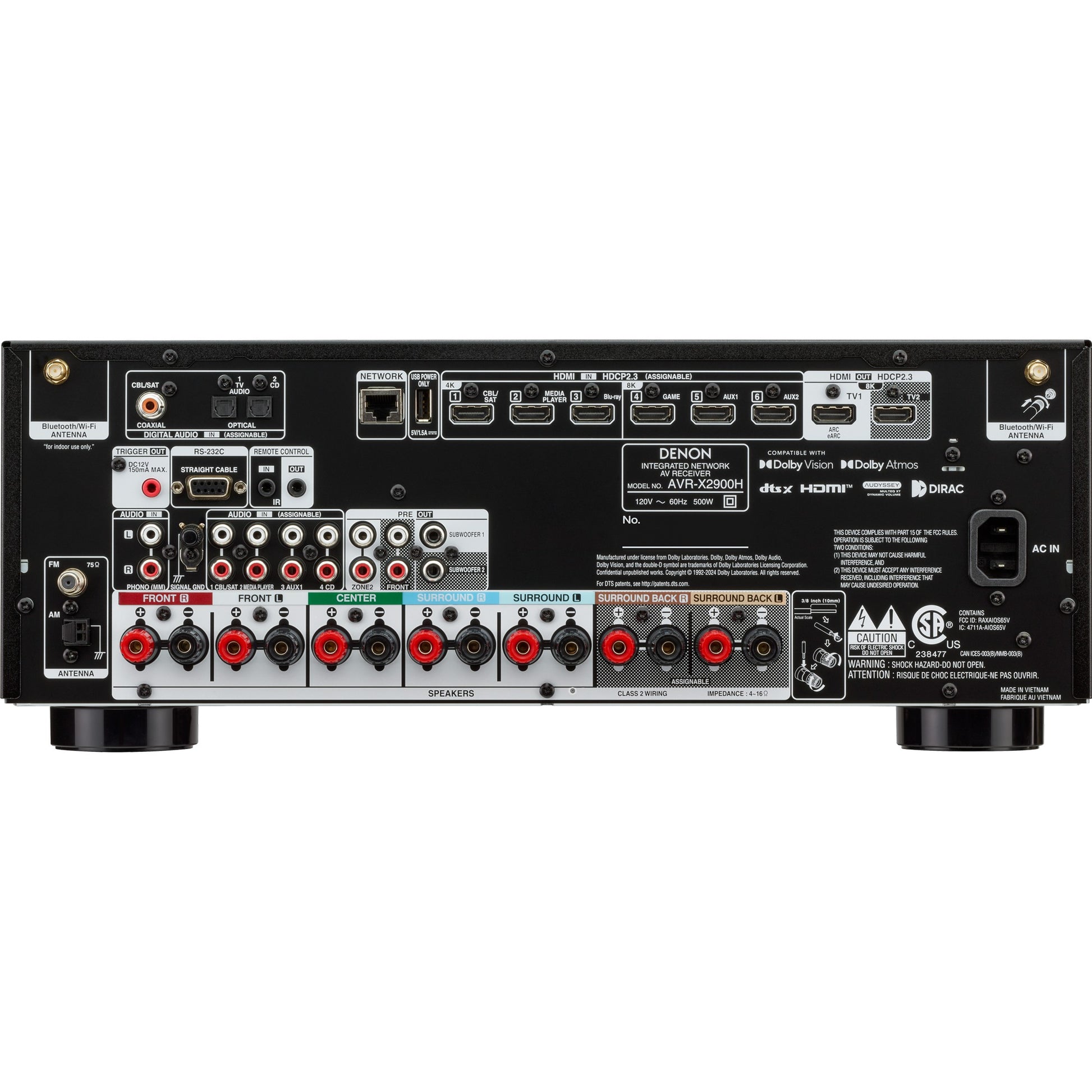 Denon AVR-X2900H DAB stereo amplifier with white finish, featuring multiple input ports and control knobs on front panel.