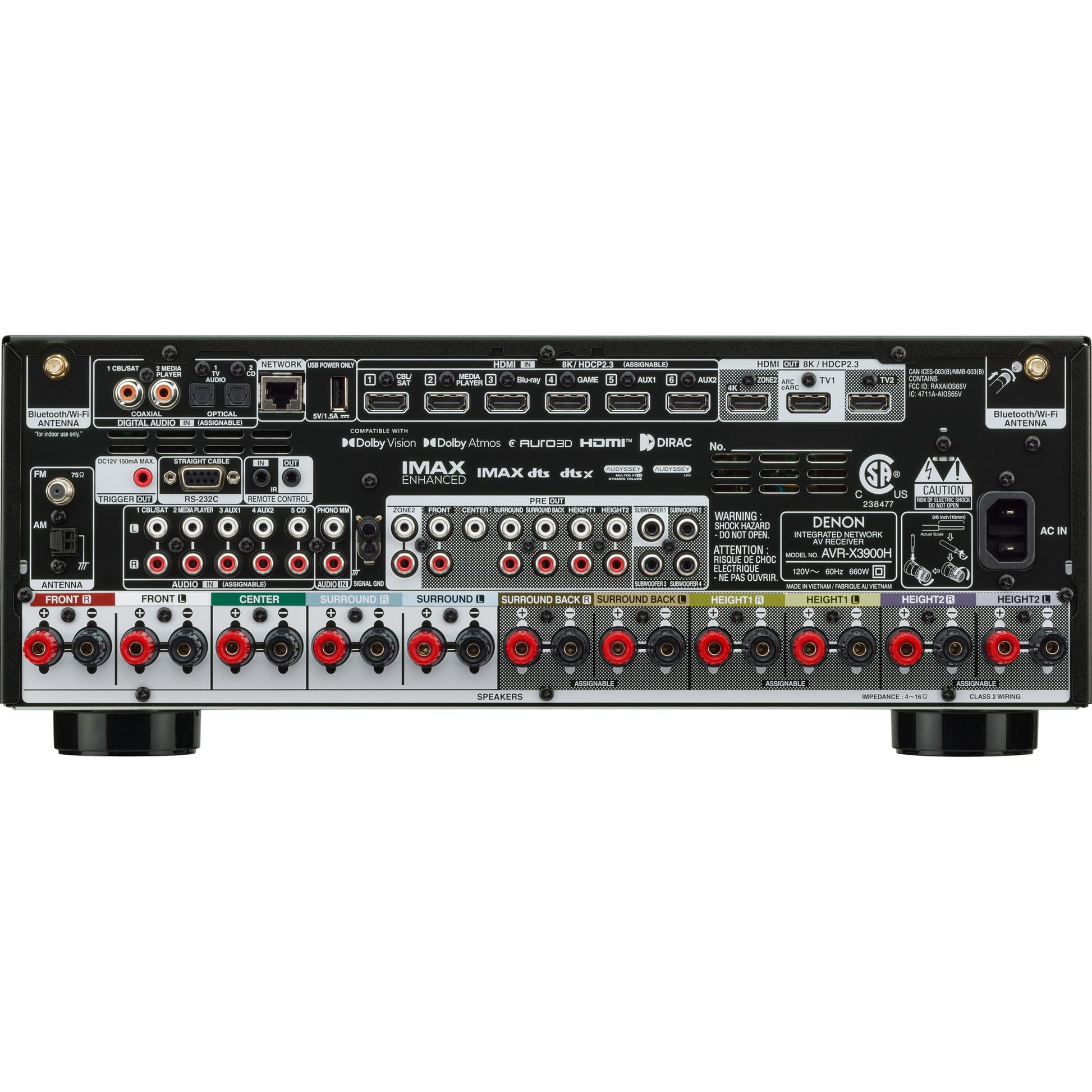 Denon AVC-X3900H stereo amplifier with white finish, front panel with control knobs and display screen, for high-quality audio.
