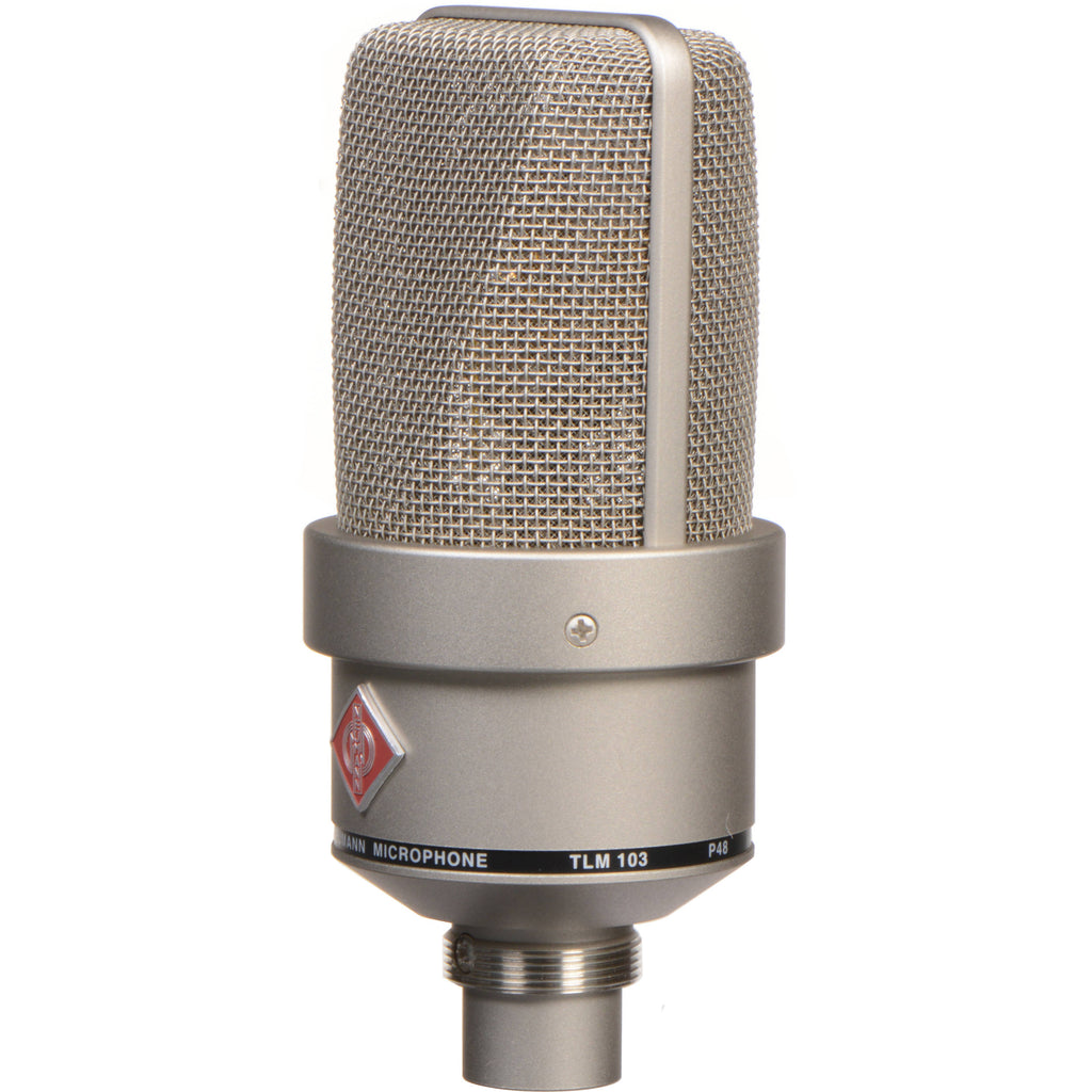 Neumann TLM 103 condenser microphone in a studio set with shock mount and pop filter, professional recording equipment.