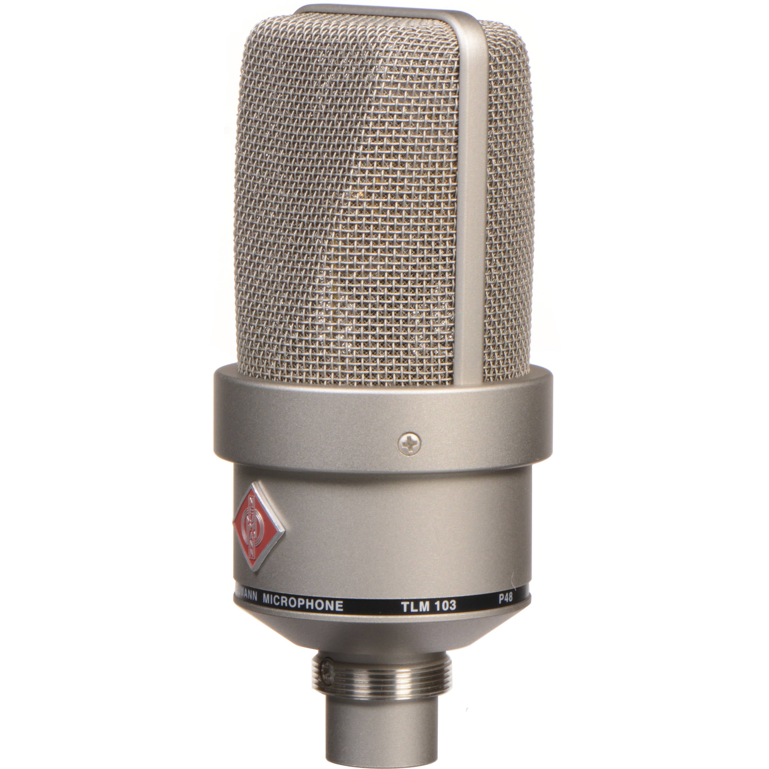 Neumann TLM 103 condenser microphone in a studio set with shock mount and pop filter, professional recording equipment.