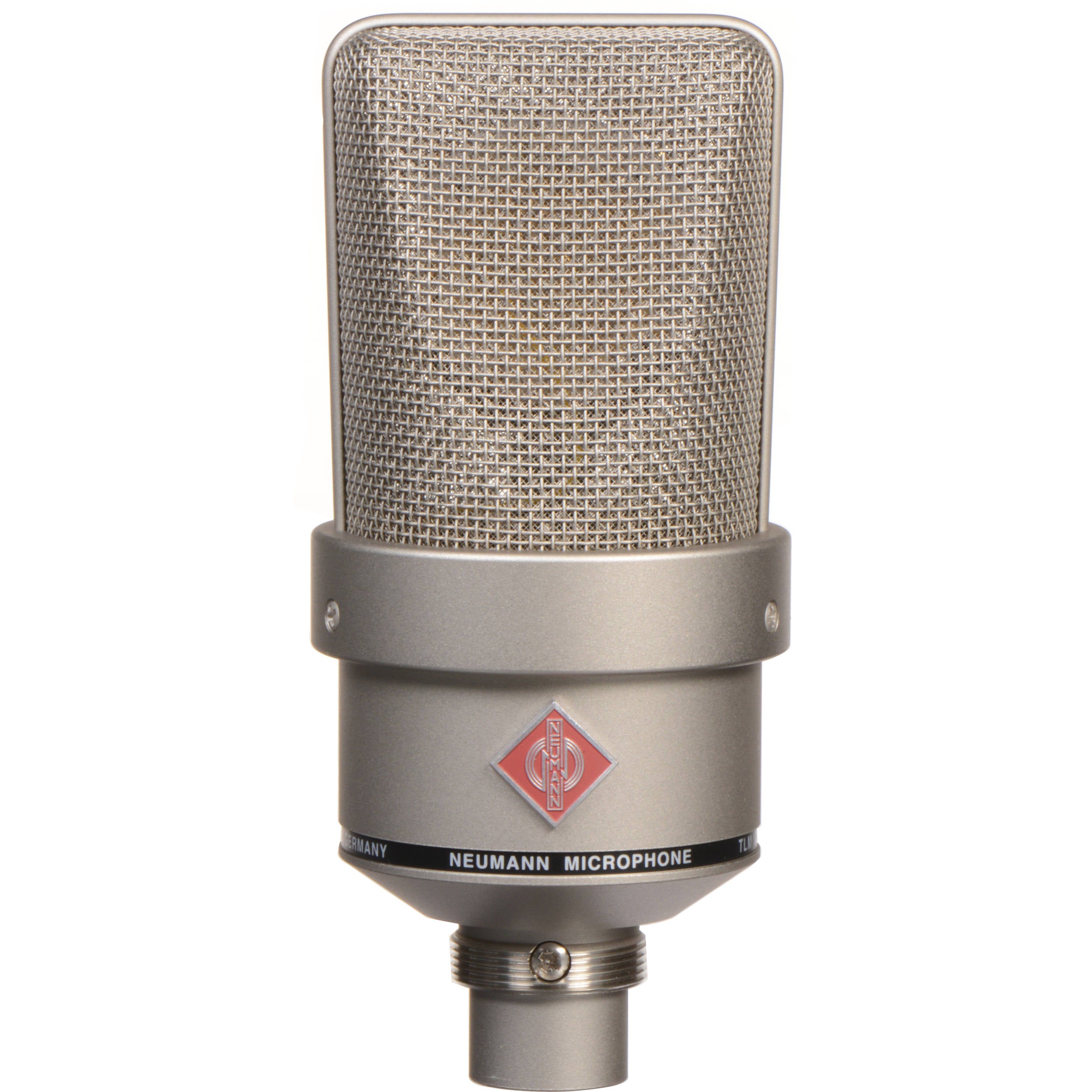 Neumann TLM 103 condenser studio microphone with shock mount and pop filter setup for professional recording.