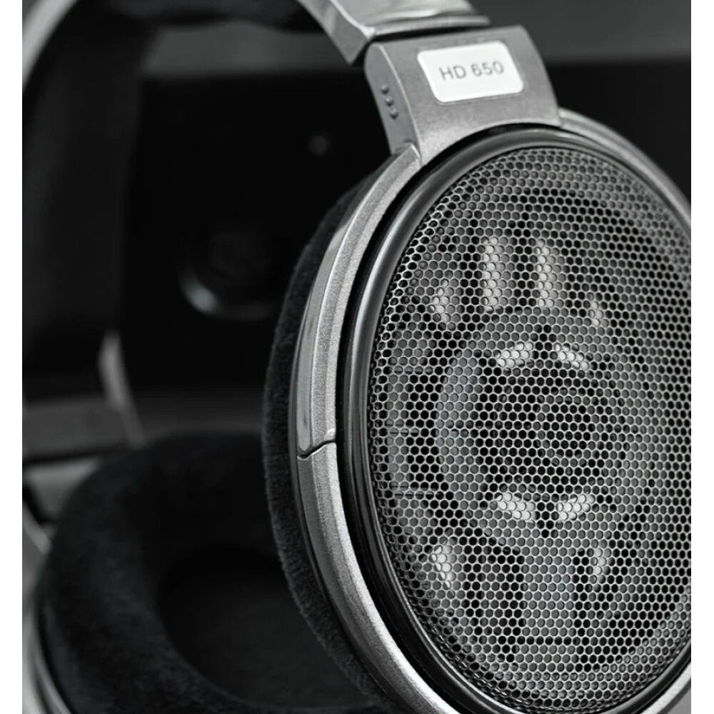 Sennheiser HD 650 studio headphones with open-back design and plush ear cups for high-fidelity audio listening.
