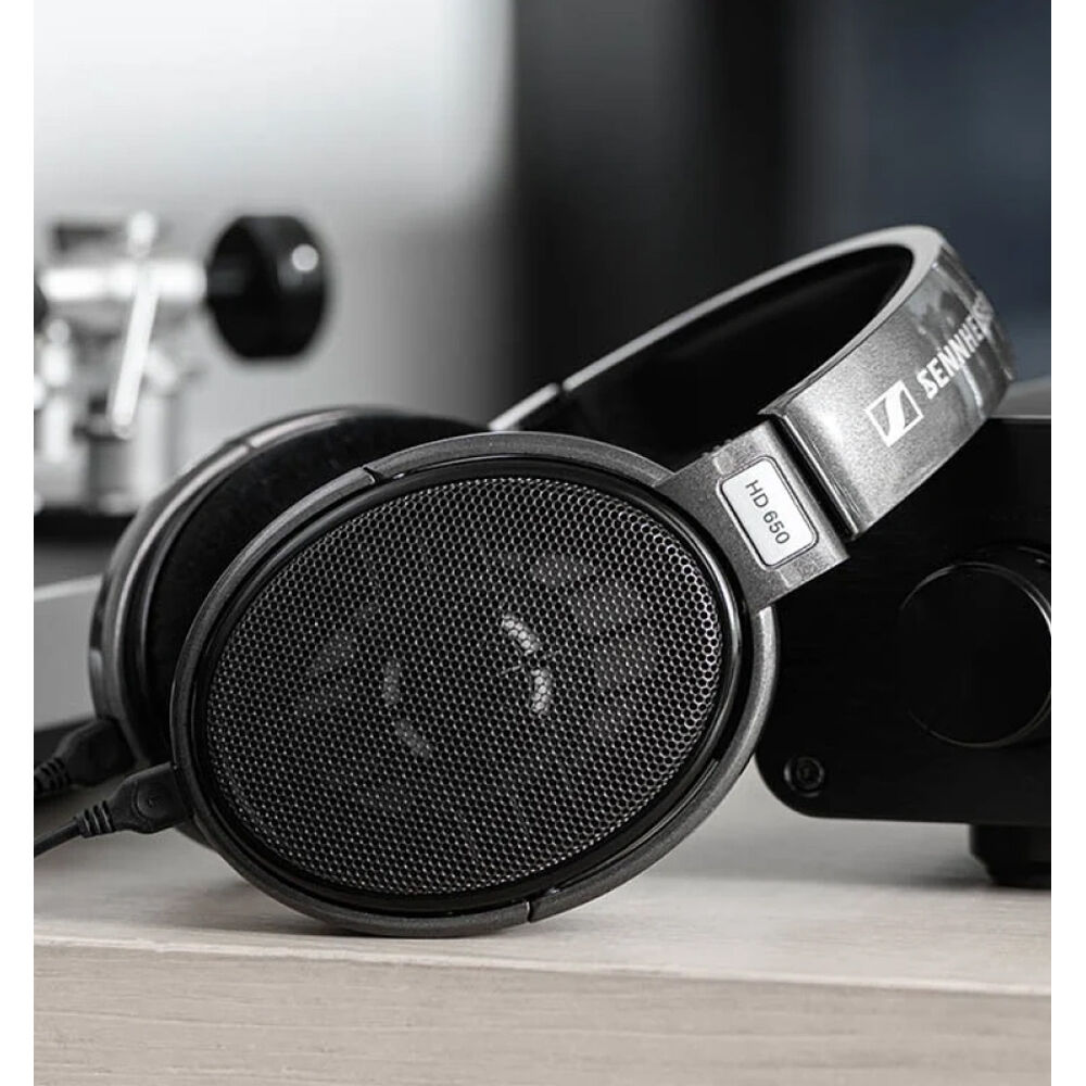 Sennheiser HD 650 studio headphones with open-back design and plush ear cushions for professional audio monitoring.