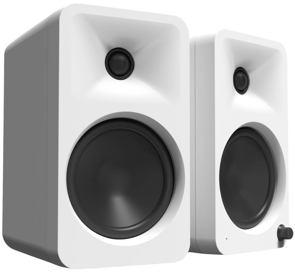 Kanto Audio Ora 4 desktop speakers with sleek black finish and compact design, ideal for high-quality computer audio.