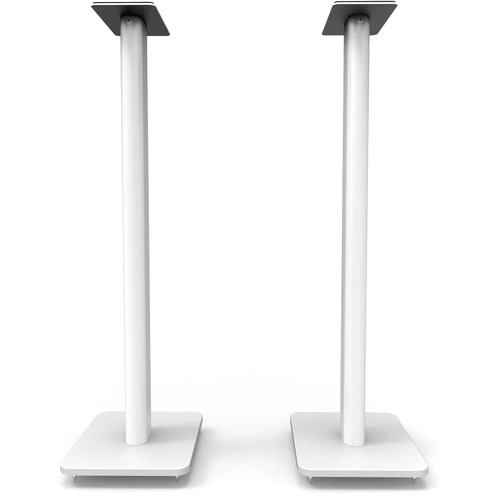Kanto Audio SP32 32-inch speaker stands supporting audio speakers, with a sleek black design and sturdy metal construction.