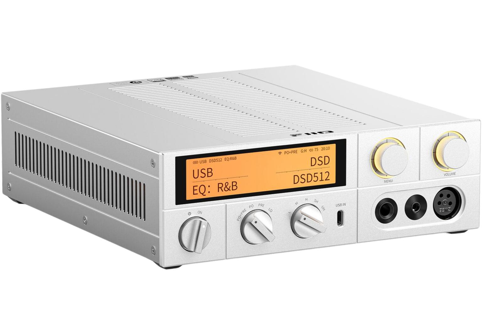 FiiO K17 headphone amplifier and DAC with digital inputs and controls, black metal case, and connection ports visible.