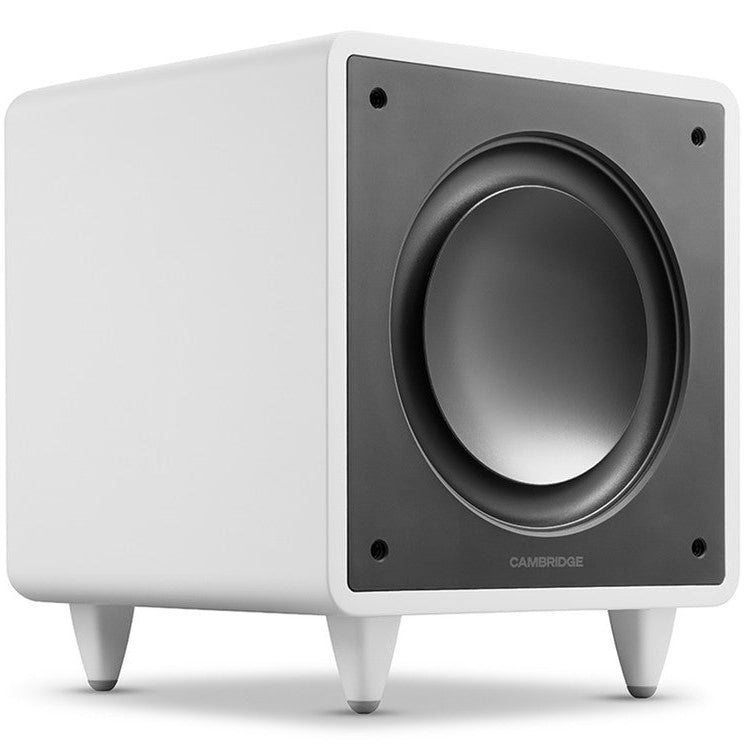 Cambridge Audio MSX Sub 300 subwoofer with sleek black design and sturdy build for deep bass sound.