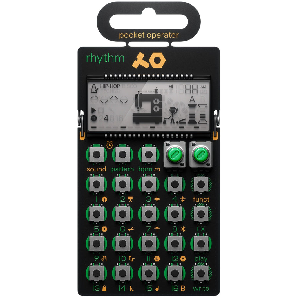 Teenage Engineering PO-12 Rhythm drum machine showing its compact design, colorful pads, and control buttons.