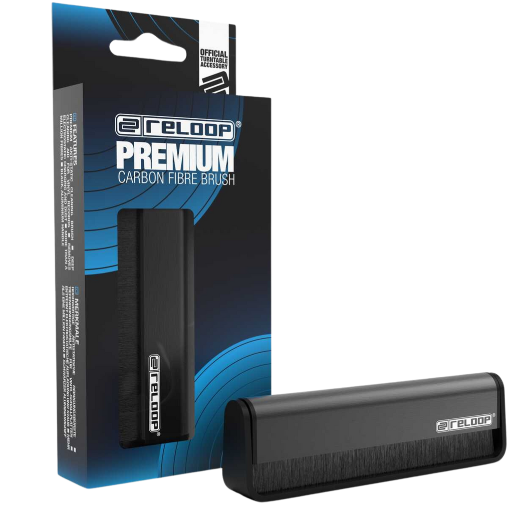 Reloop Premium Carbon Fibre Record Brush for cleaning vinyl records, featuring soft carbon fiber bristles for safe, effective dust removal.