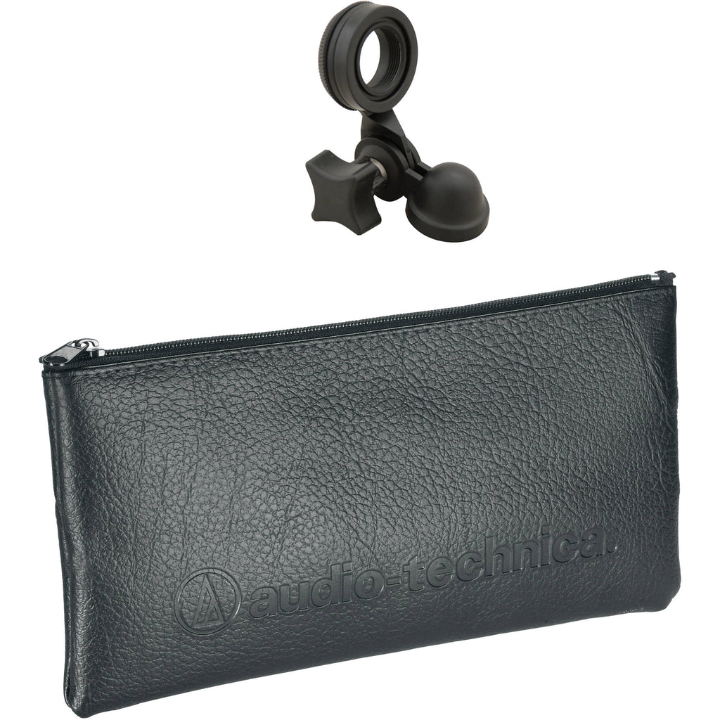 Audio Technica AT 2020 condenser microphone, professional studio quality microphone with cardioid pickup pattern and metal body.