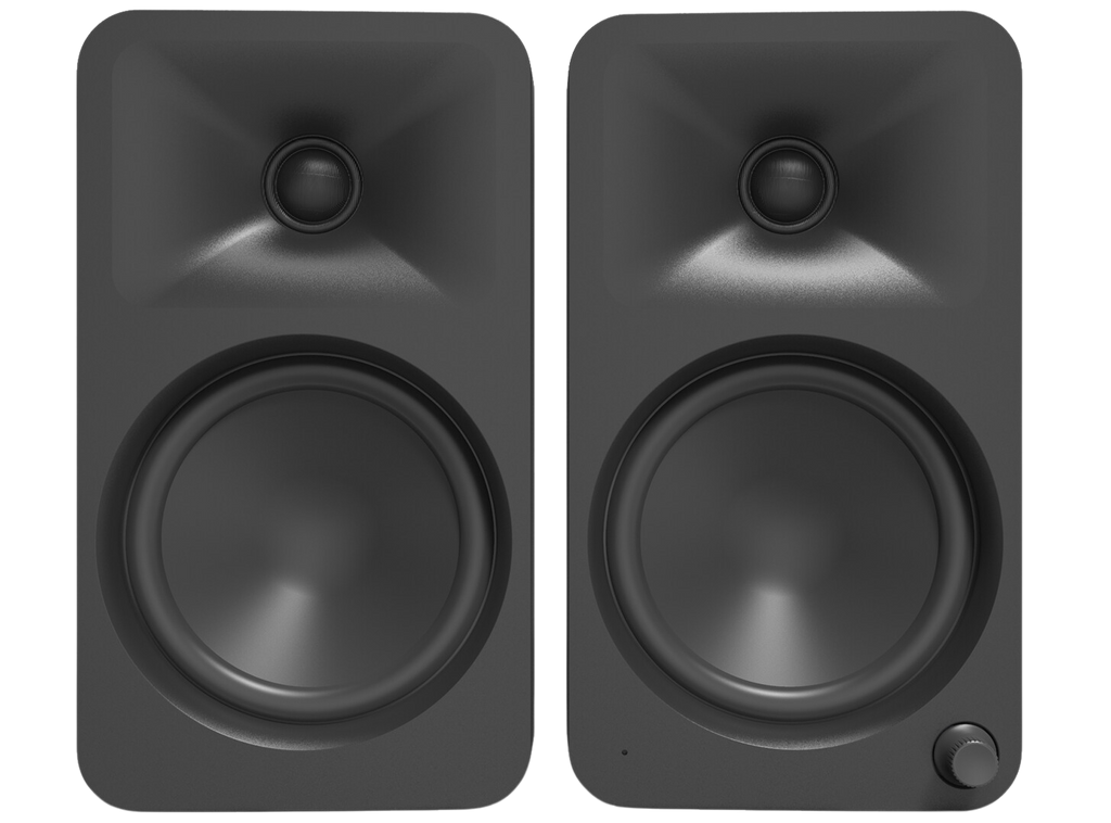 Kanto Audio Ora 4 desktop speakers with black finish, compact design, and adjustable knobs for high-quality audio output.