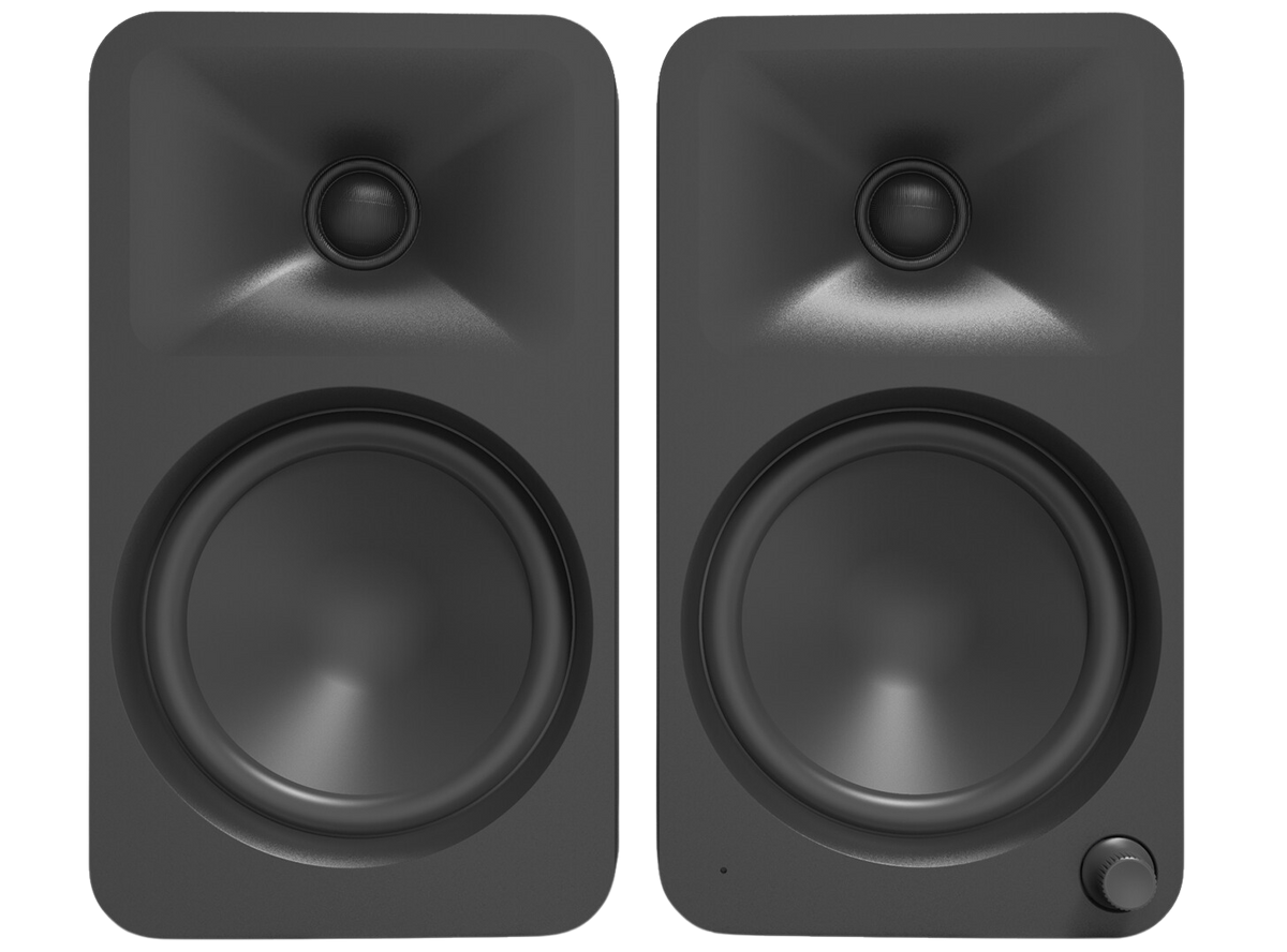 Kanto Audio Ora 4 desktop speakers with black finish, compact design, and adjustable knobs for high-quality audio output.