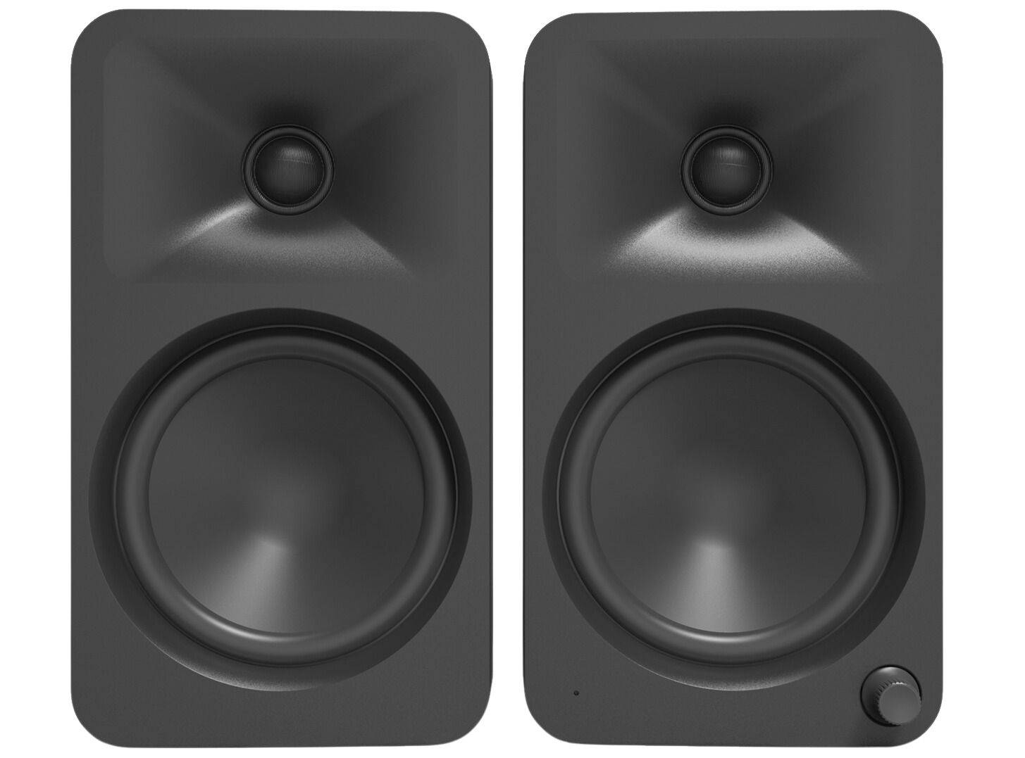 Kanto Audio Ora 4 desktop speakers with black finish, compact design, and adjustable knobs for high-quality audio output.