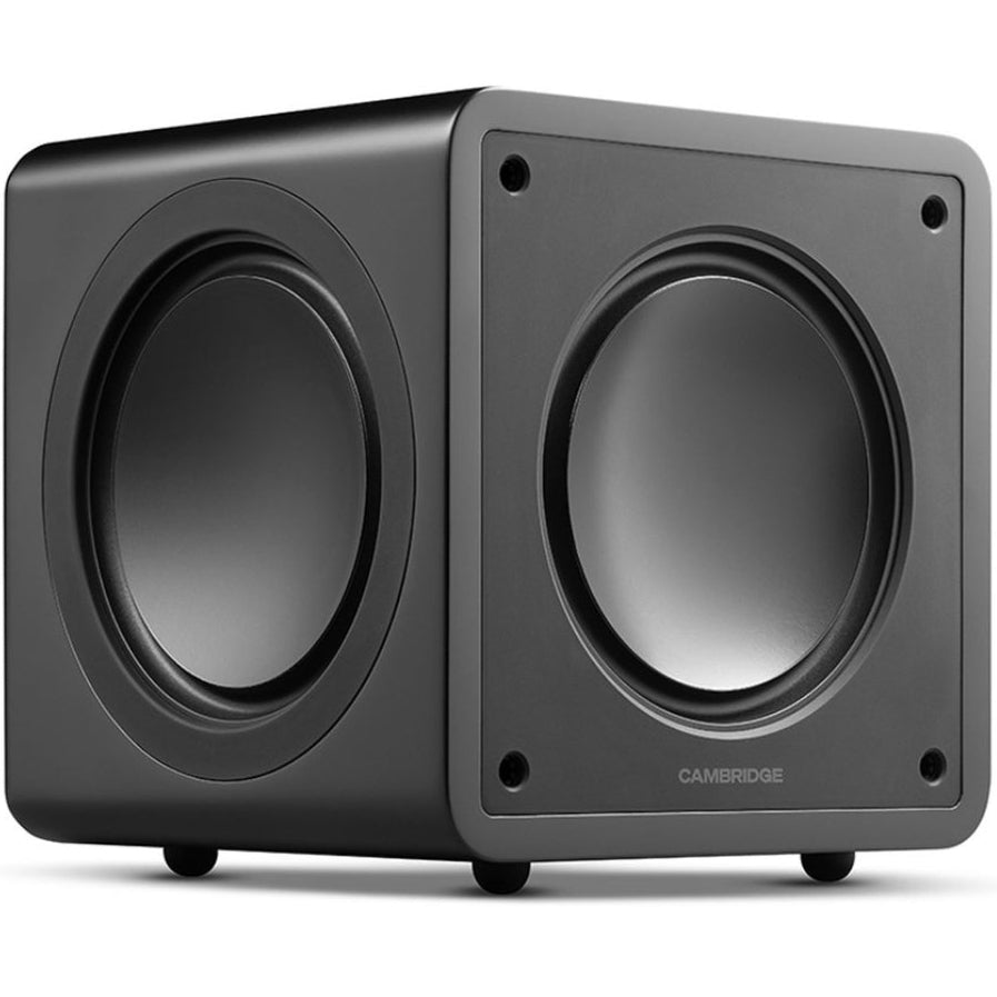 Cambridge Audio MSX Sub 200 subwoofer with black enclosure and control panel, designed for deep bass sound in home audio systems.