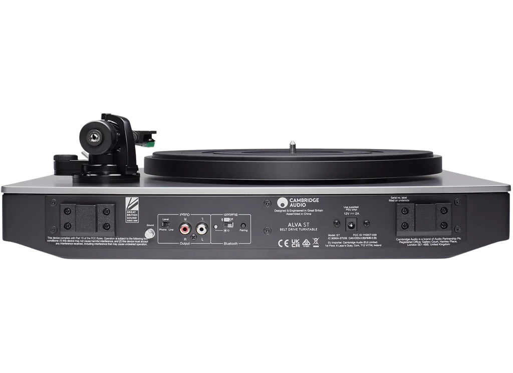 Cambridge Audio Alva ST turntable with sleek black design, tonearm, platter, and built-in controls for high-quality vinyl listening.