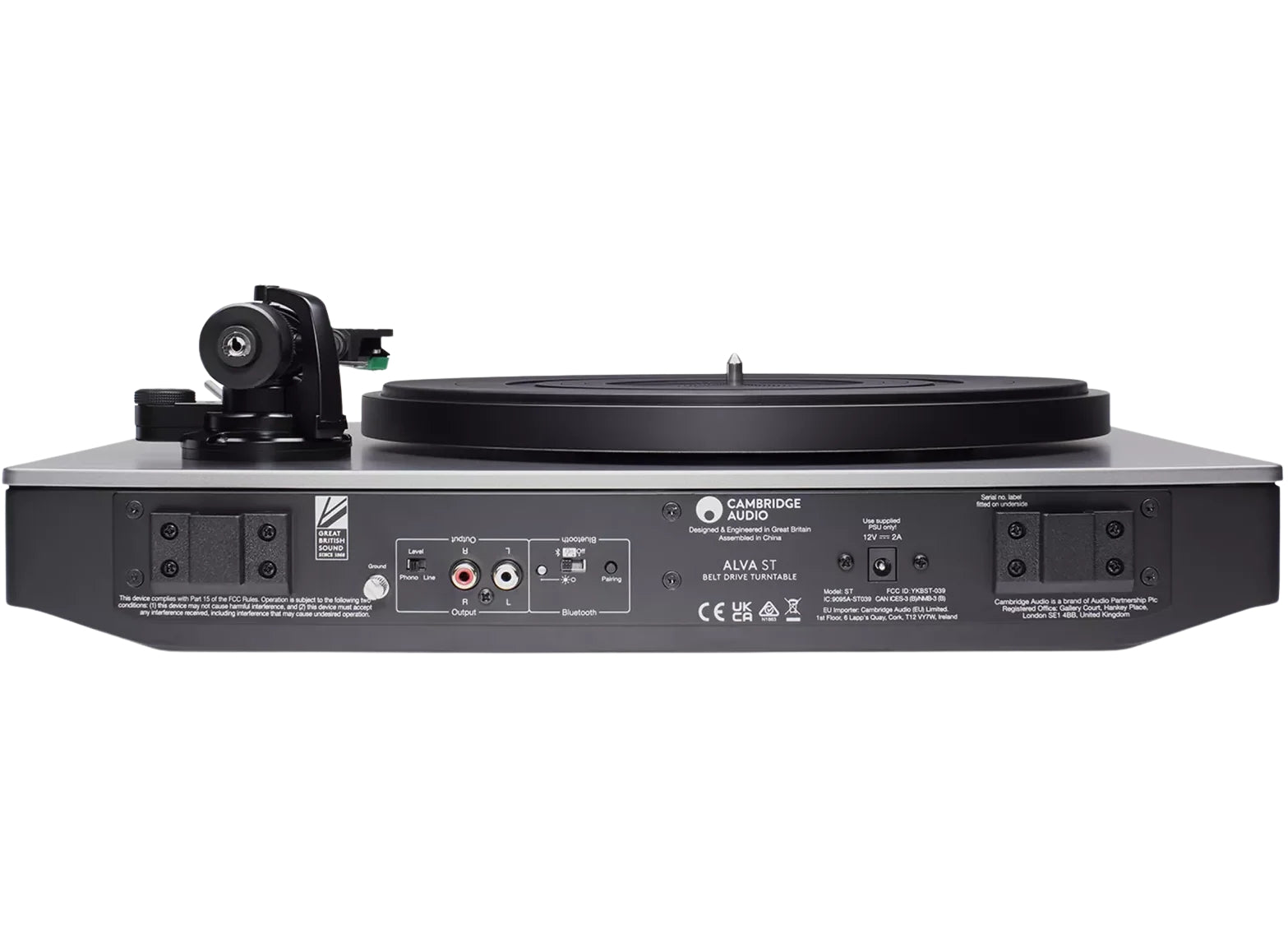 Cambridge Audio Alva ST turntable with sleek black design, tonearm, platter, and built-in controls for high-quality vinyl listening.