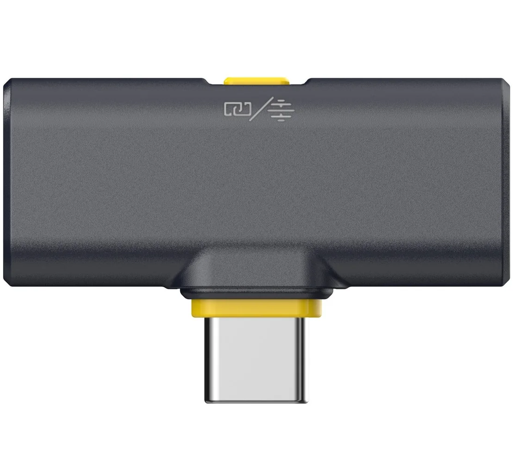 Hollyland Lark M2 USB-C receiver for wireless microphone system, compact device with shiny charcoal finish and USB-C port.