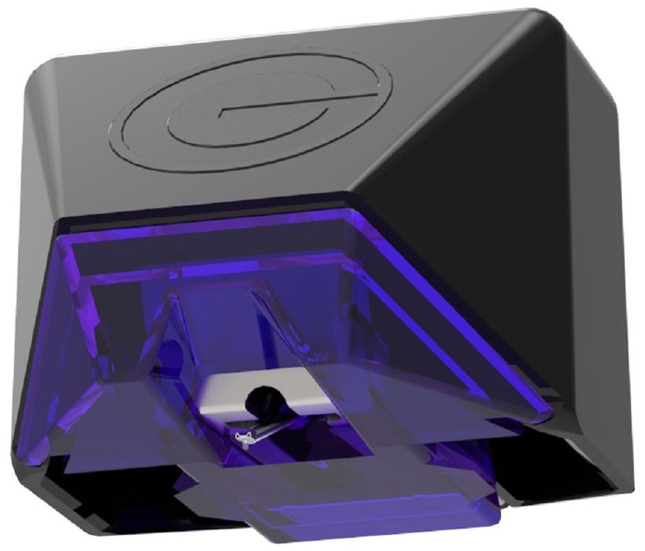 Goldring E3 turntable cartridge with gold accents, showcasing its stylus and cartridge body for high-quality audio playback.