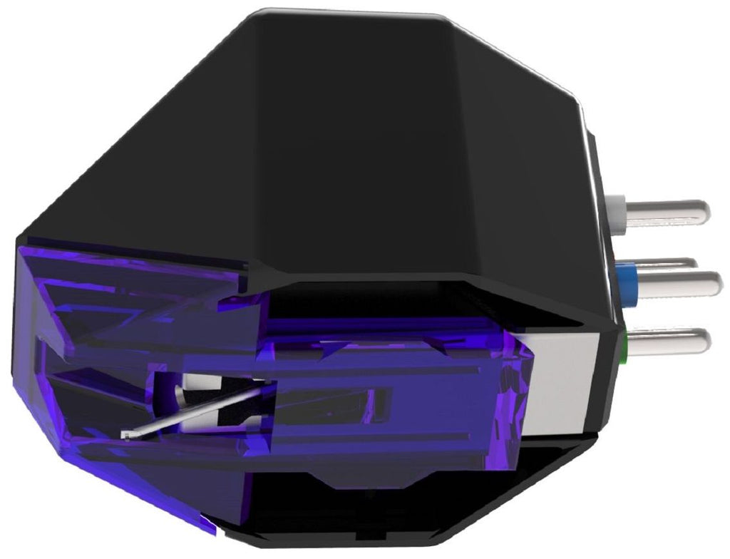 Goldring E3 turntable cartridge with gold-colored stylus and body, designed for high-quality vinyl playback.