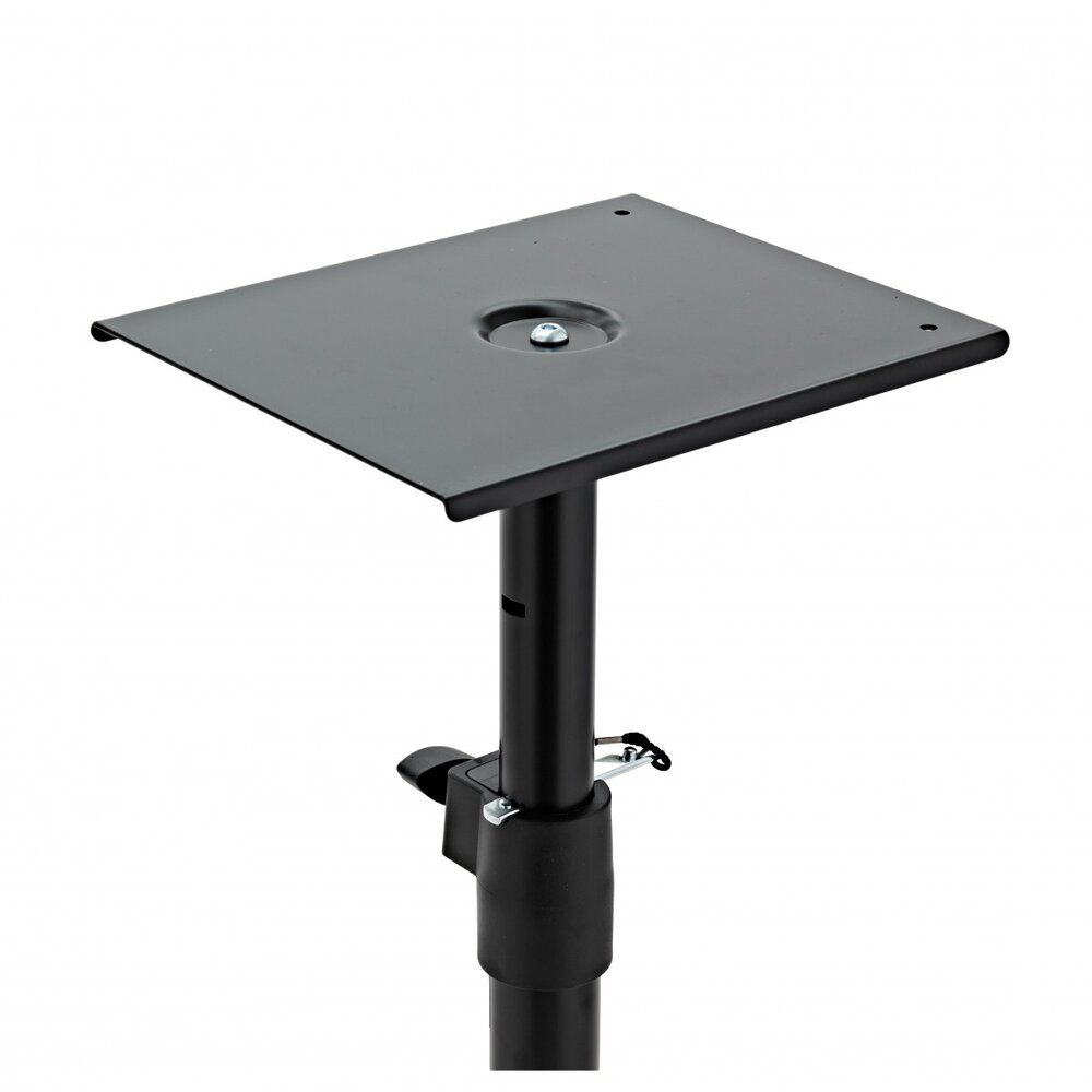 K&M 26720 studio monitor stands with adjustable height and sturdy black metal construction for audio monitoring setup.