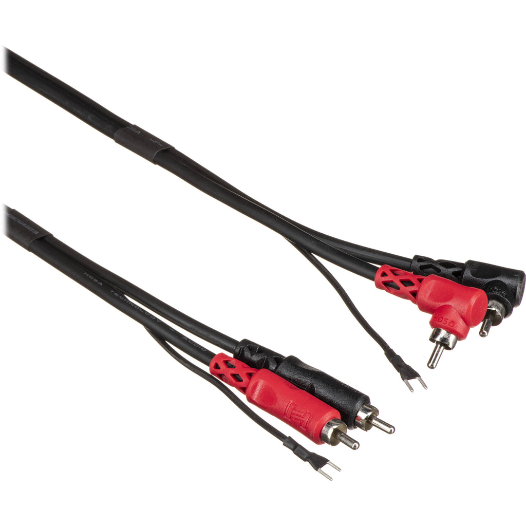 Hosa CRA-203DJ dual RCA cable with angled connectors and ground strap, 3 meters long, used for audio connections.