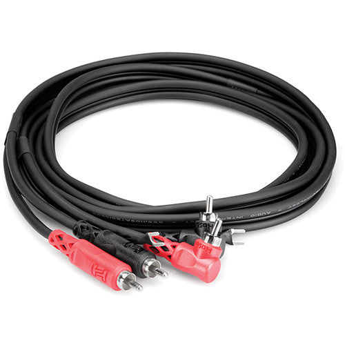 Hosa CRA-203DJ dual RCA cable with angled connectors and ground strap, 3 meters long, for audio connection setup.