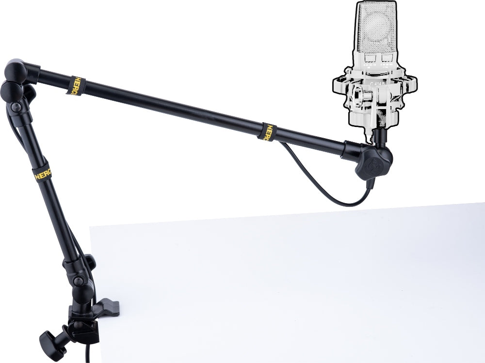 Hercules Stands DG107B broadcast microphone arm with adjustable metal boom and mounting clamp for studio setup.