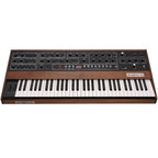 Sequential Prophet-10 synthesizer front view, showing its vintage-style control panel and keyboard layout.