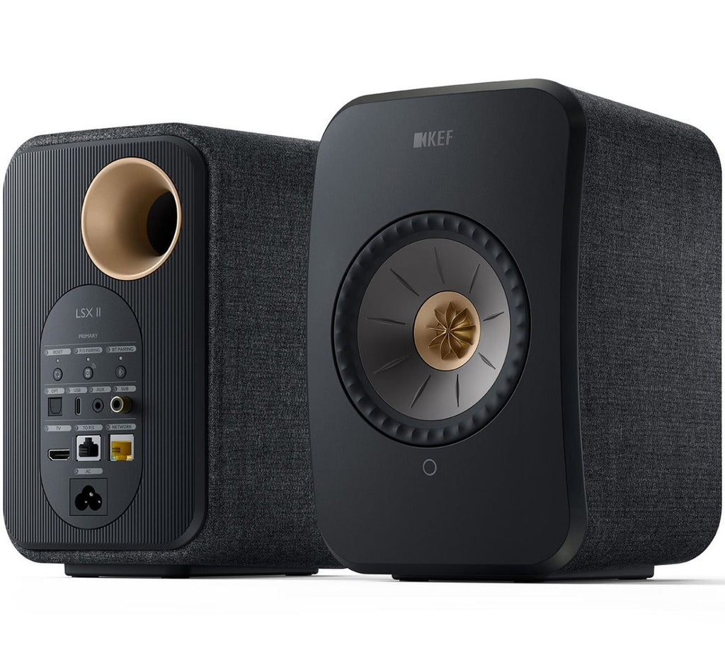 KEF LSX II active bookshelf speakers with sleek design, compact size, and high-quality audio drivers.
