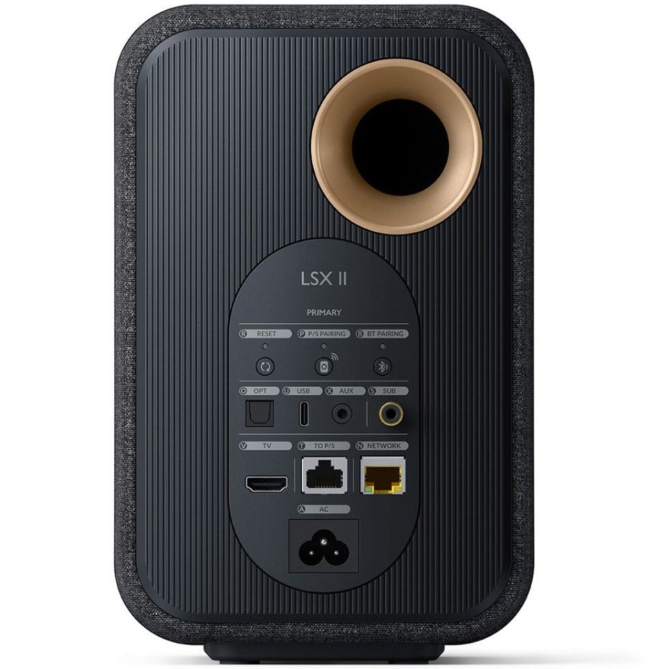 KEF LSX II active bookshelf speakers shown with sleek black finish and compact design, ideal for modern audio setups.