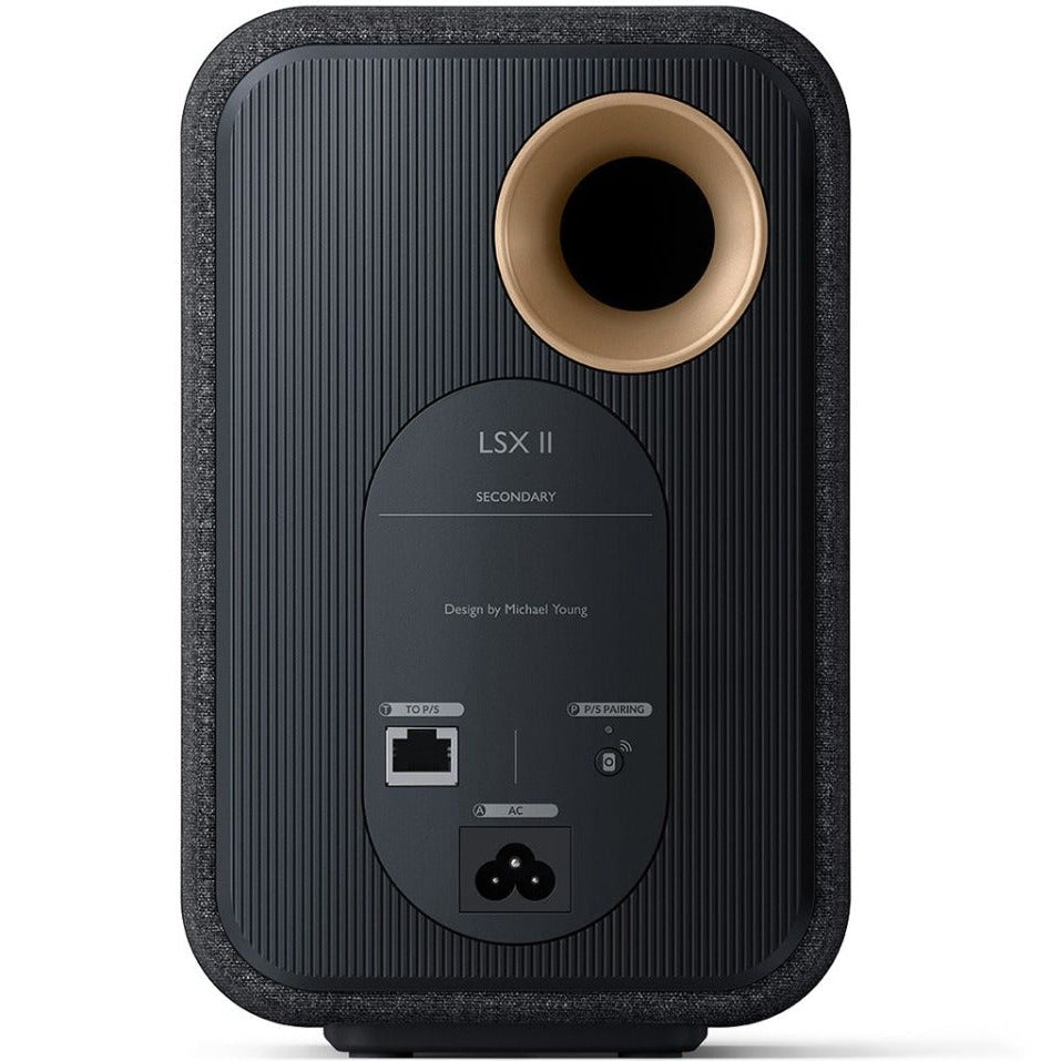 KEF LSX II active bookshelf speakers with sleek design and black finish, featuring drivers and control panel.