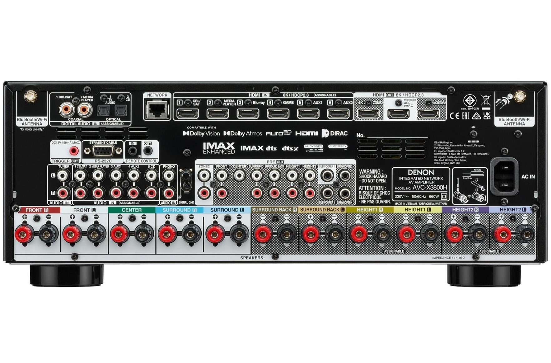Denon AVC-X3800H stereo amplifier with multiple audio input ports and sleek black design.