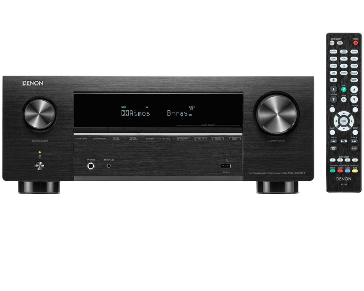 Denon AVC-X3800H stereo amplifier with multiple input ports and sleek black finish, showcasing front control panel and display.