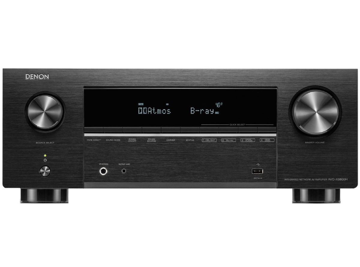 Denon AVC-X3800H stereo amplifier with multiple input options and sleek black design, showcasing front panel controls and display.