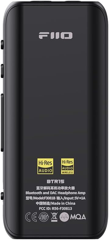 FiiO BTR15 portable headphone amplifier and DAC with sleek black design and LED indicator, shown from front angle.