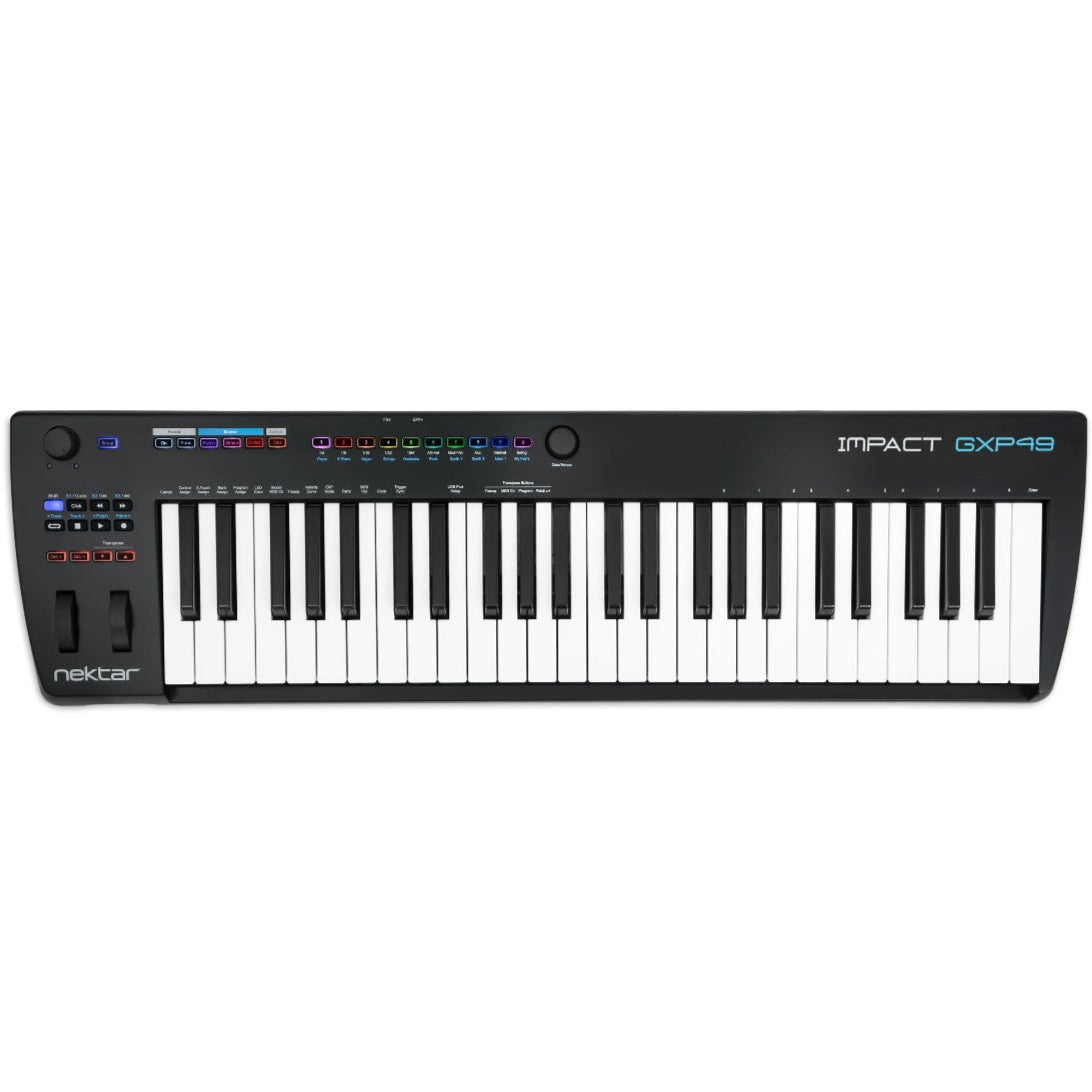 Nektar Impact GXP49 MIDI keyboard with 49 keys, control knobs, and buttons, viewed from a bird's eye angle.