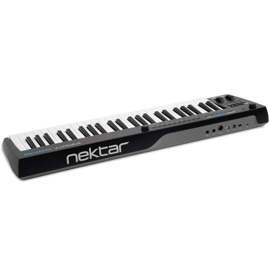 Rear left view of Nektar Impact GXP49 MIDI keyboard with control knobs and connection ports.
