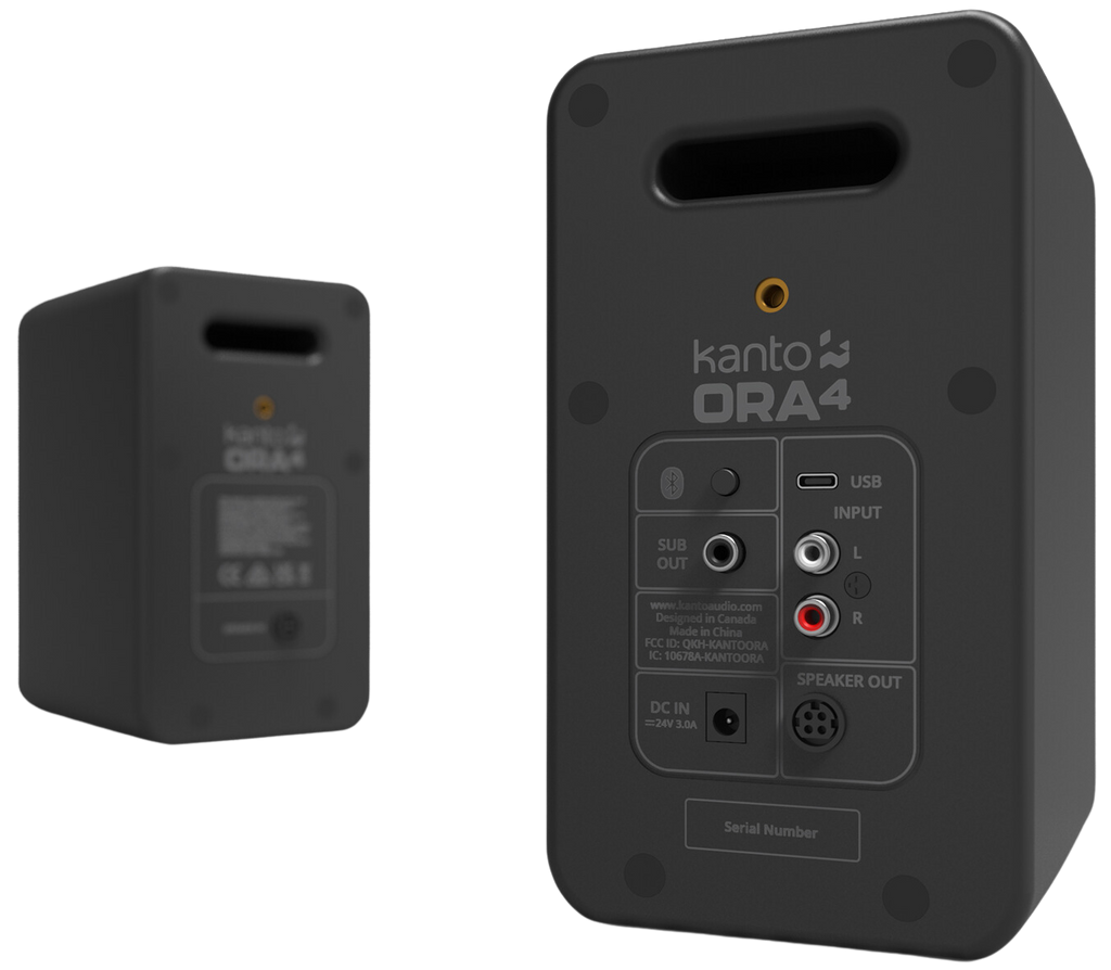 Kanto Audio Ora 4 desktop speakers with sleek black design, compact size, and adjustable controls for high-quality sound.