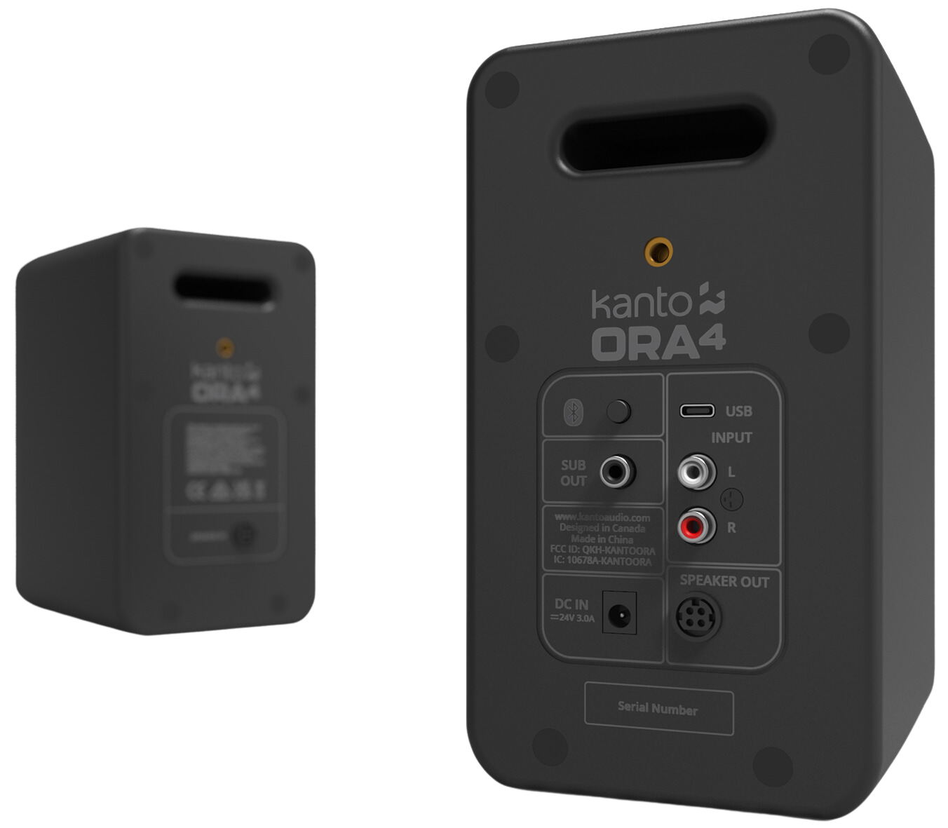 Kanto Audio Ora 4 desktop speakers with sleek black design, compact size, and adjustable controls for high-quality sound.