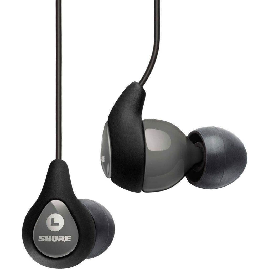 Shure SE112 wired in-ear headphones with black earbuds and inline remote on a plain background.