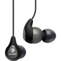 Shure SE112 wired in-ear headphones with black earbuds and inline remote on a plain background.