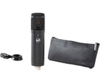 Warm Audio WA-47jr SE condenser microphone in black, shown with its sleek build and professional design for studio recording.